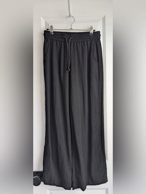 Halara High Waisted Drawstring Pocket Wide Leg Casual Linen-Feel Pants Black SP